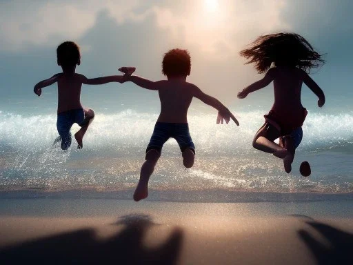 children jumping in the water on a beach capture them against the sun and make an art silhouette, hyper details, real sharp, 8k, cinematic movie