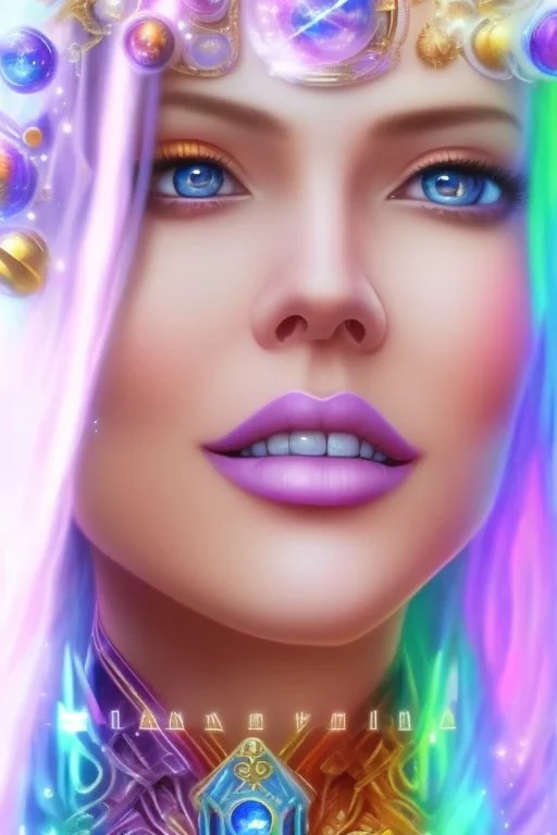 cosmic woman smile, admiral from the future, one fine whole face, crystalline skin, expressive blue eyes,rainbow, smiling lips, very nice smile, costume pleiadian, Beautiful tall woman pleiadian Galactic commander, ship, perfect datailed golden galactic suit, high rank, long hair, hand whit five perfect detailed finger, amazing big blue eyes, smilling mouth, high drfinition lips, cosmic happiness, bright colors, blue, pink, gold, jewels, realist, high commander