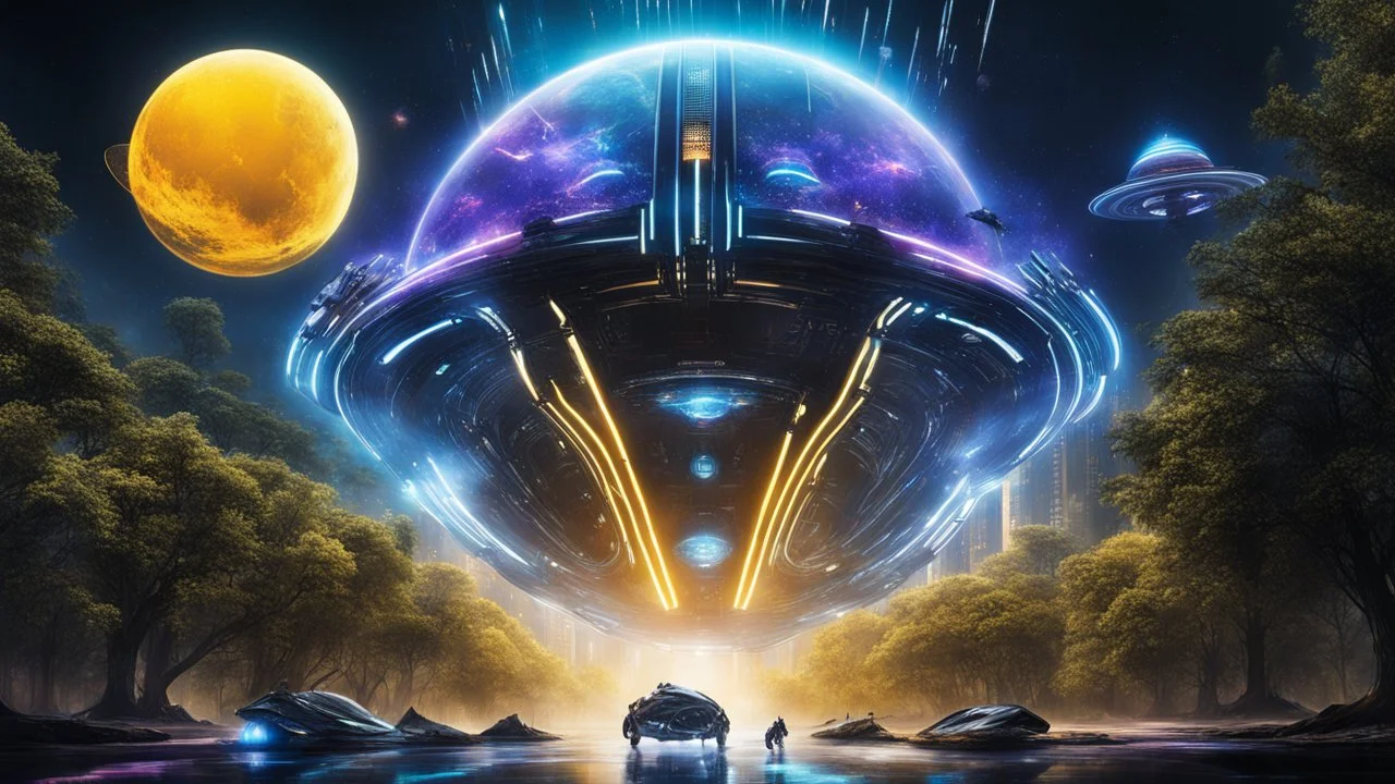 hyper realistic, tron legacy movie, matrix universe, creatures,, space ships, city of the future, trees , forest, yellow, blue, purple, orange, space, planets, god creations