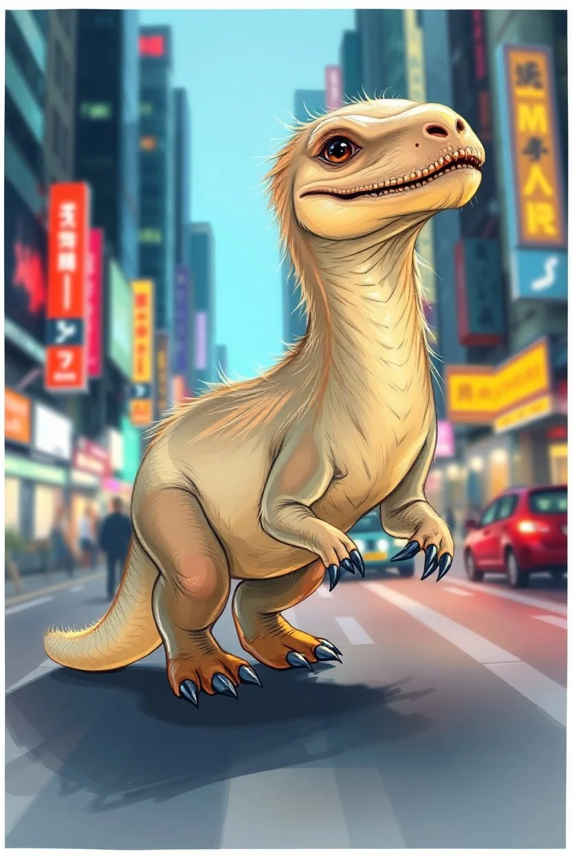 transparent furry sleek dinosaur weasel with cute fur, in big cyberpunk city crossover, volume light and motion blur, airbrush and pen outline in background only