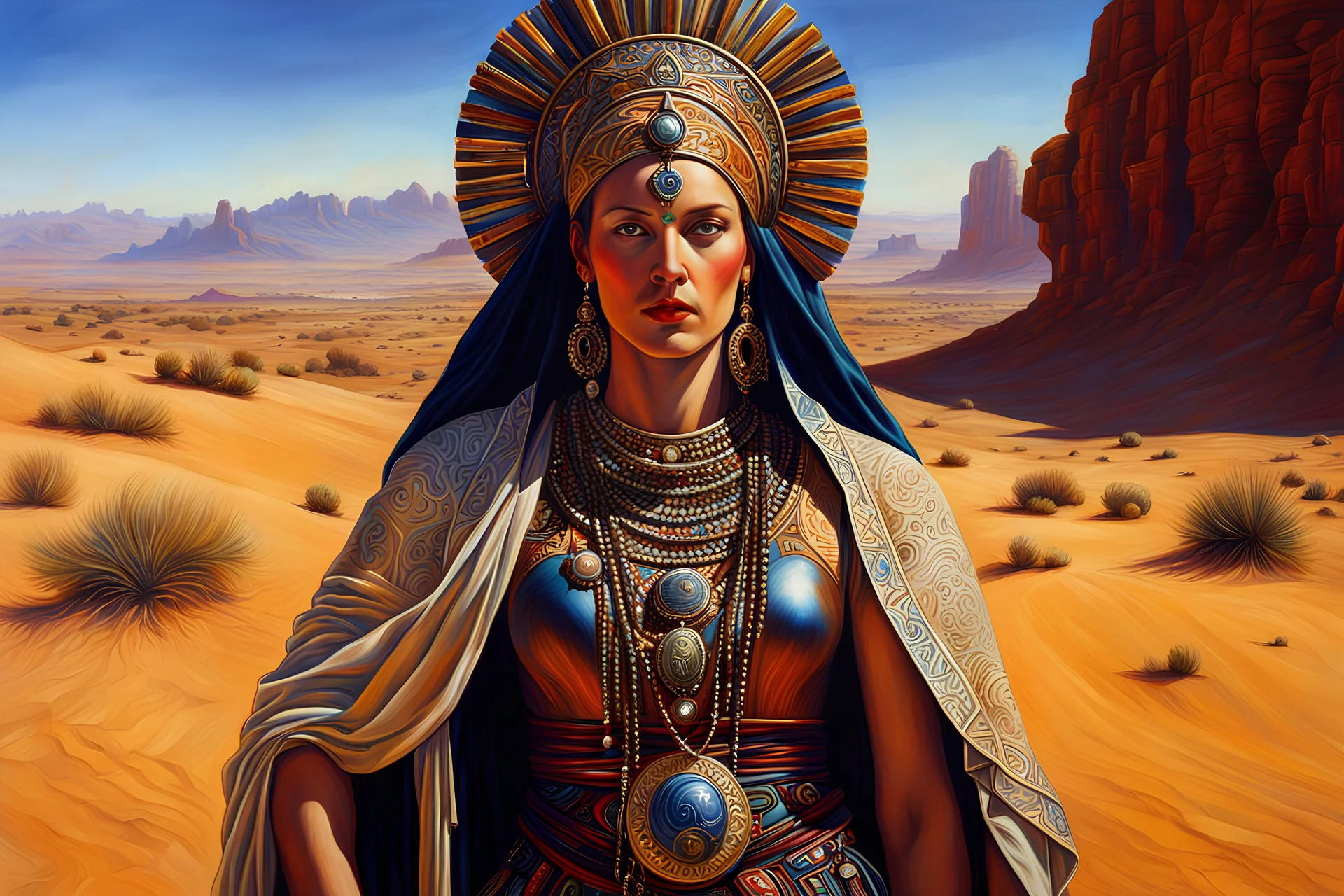 create a classical-abstract-realist sci-fi fantasy full body portrait painting of a nomadic tribal priestess with highly defined facial features, in an arid desert landscape in the style of Donato Giancola, Hans Memling, Titian, and Caravaggio, 8k, highly detailed, otherworldly and fantastic