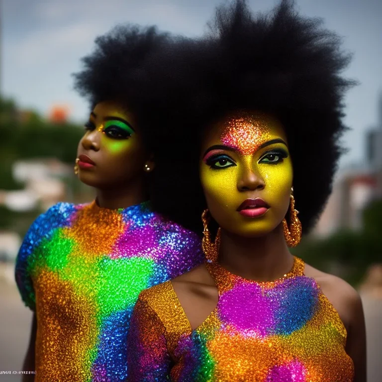 full body shot, masterpiece, best quality, family of three, black skinned, sparkling eyes, fluorescent skin, colorful makeup, afro, highly detailed body, afrofuturism, scifi, sun light, 4K, RAW, depth of field, high contrast, realistic details, 24mm