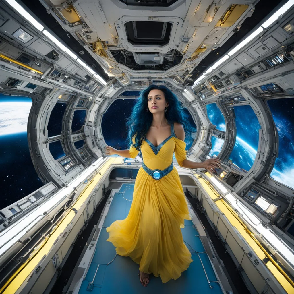 wide-angle photo of a woman in a yellow dress, with long glowing blue wavy hair, on a space station with views into space