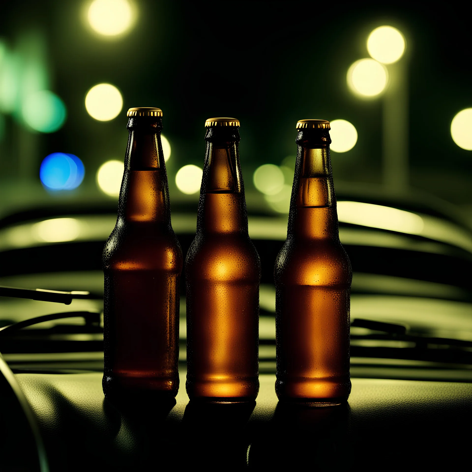 two beer botles, at night on a car dashboard vintage style