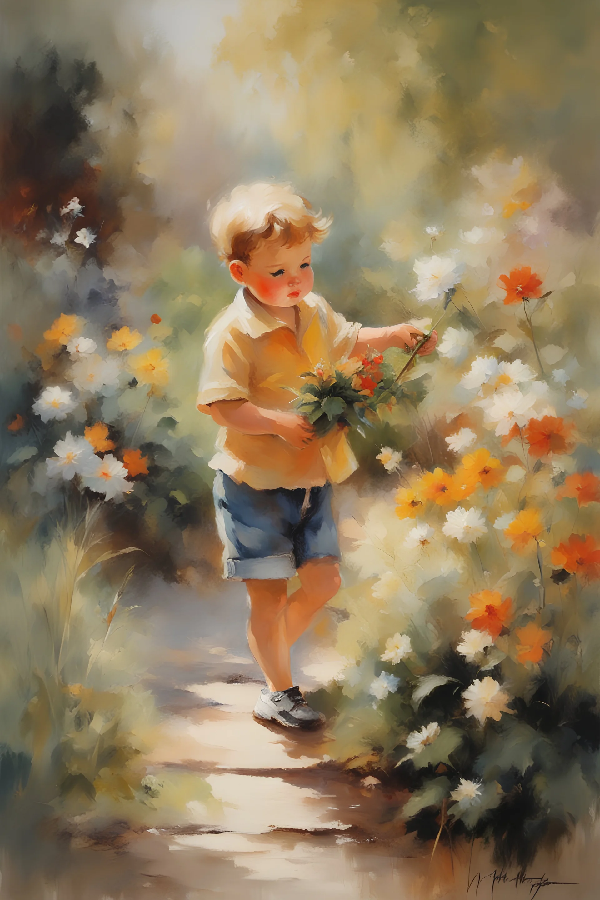 Masterpiece, best quality, Willem Haenraets style painting of a portrait of a little boy in the garden, painted by Willem Haenraets