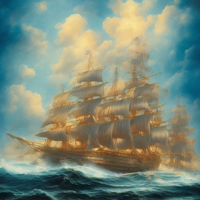 an abstract painting of carribean ships, high waves, colorful, highly detailed