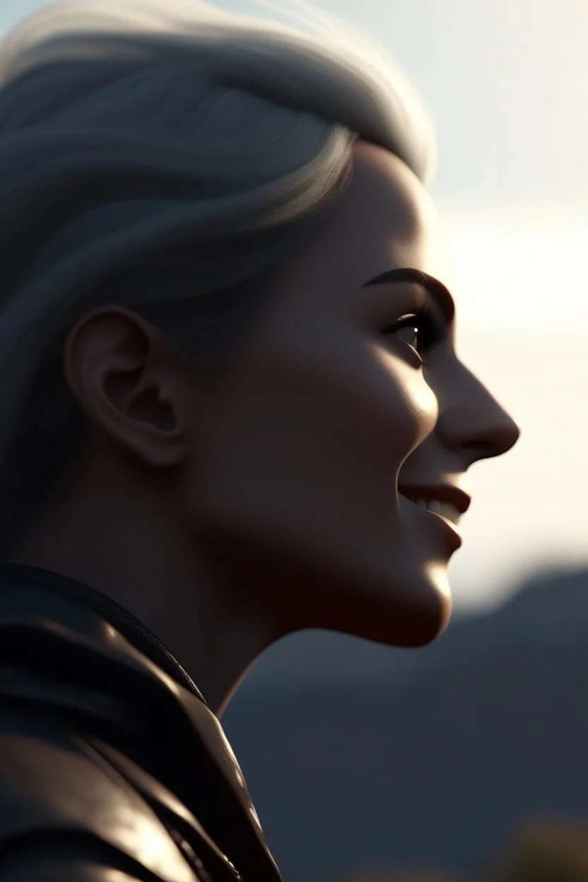 a close up side profile image of an evil angel, smiling and looking over the horizon on a very high cliff, 8k quality, supper realistic