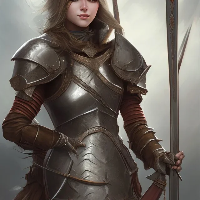 Medieval warrior girl, wearing armor, snow mountain background