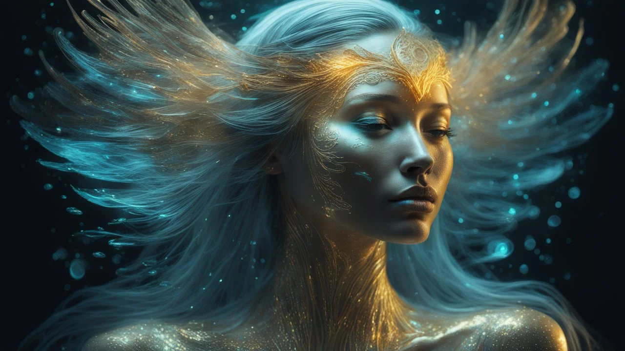 Photo in bioluminescent art style depicting a divine bird woman, embossed, double exposure, bird, Bioluminescent wet translucent glowing skin, ethereal glowing eyes, long neck, perfect face in ultra-realistic details, gold, flowing hair, The composition imitates a cinematic film with dazzling, gold and silver lighting effects. Intricate details, sharp focus, crystal clear skin create high detail. 3d, 64k, high resolution, high detail, computer graphics, hyperrealism, f/16, 1/300 sec. digital pai