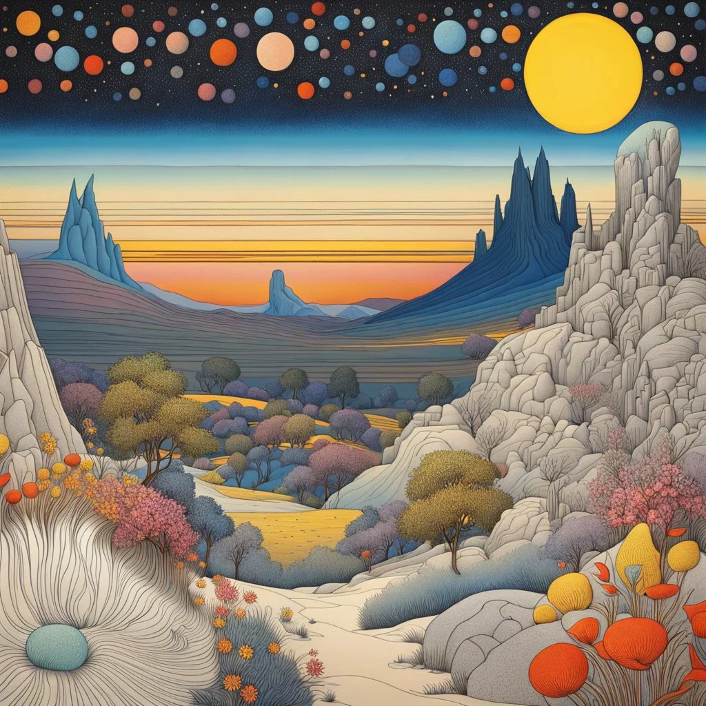 Colourful, peaceful, Max Ernst, Yves Tanguy, night sky filled with galaxies and stars, rock formations, trees, flowers, one-line drawing, sharp focus, 8k, deep 3d field, intricate, ornate, hypermaximalist