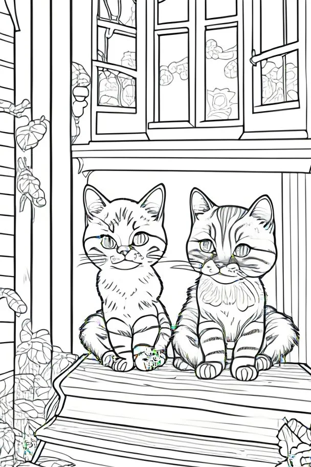 coloring page for kids, Cats on the porch, cartoon style, thick lines, low detail, no shading