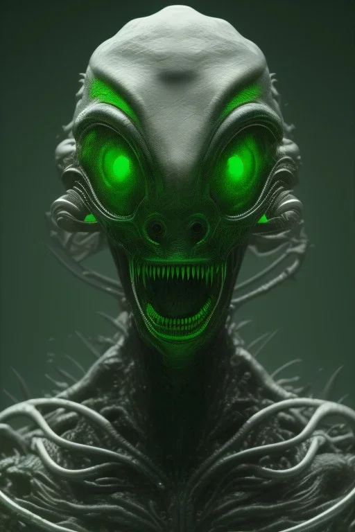 green alien, head, evil, red eyes, big silver teeth, weapons, blood, 8k, finely detailed, photo realistic, HR Giger style