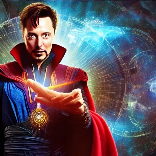 Fantasy, Elon musk as doctor strange, heartbroken, heroic, epic, insanely detailed, sunlit, realistic, multiverse,acrylic paint, 8k resolution, hdr