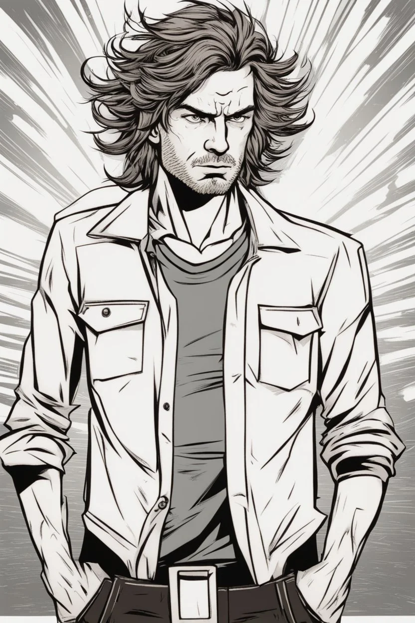 man with scruffy hair, stubble and a disappointed and judgmental look on his face comic book style