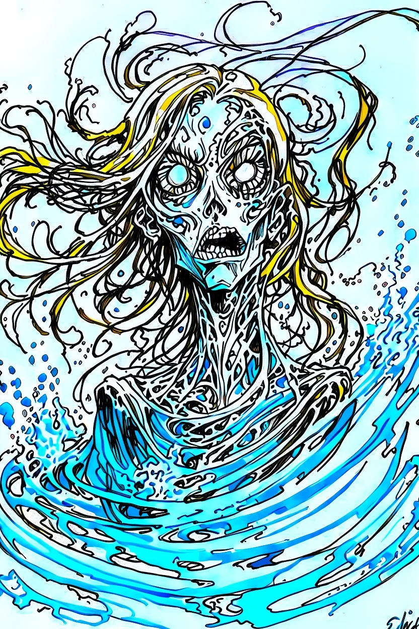 pen art sketch of a malevolent shape shifting female Funayurei water ghost , rough lines, boldly inked,