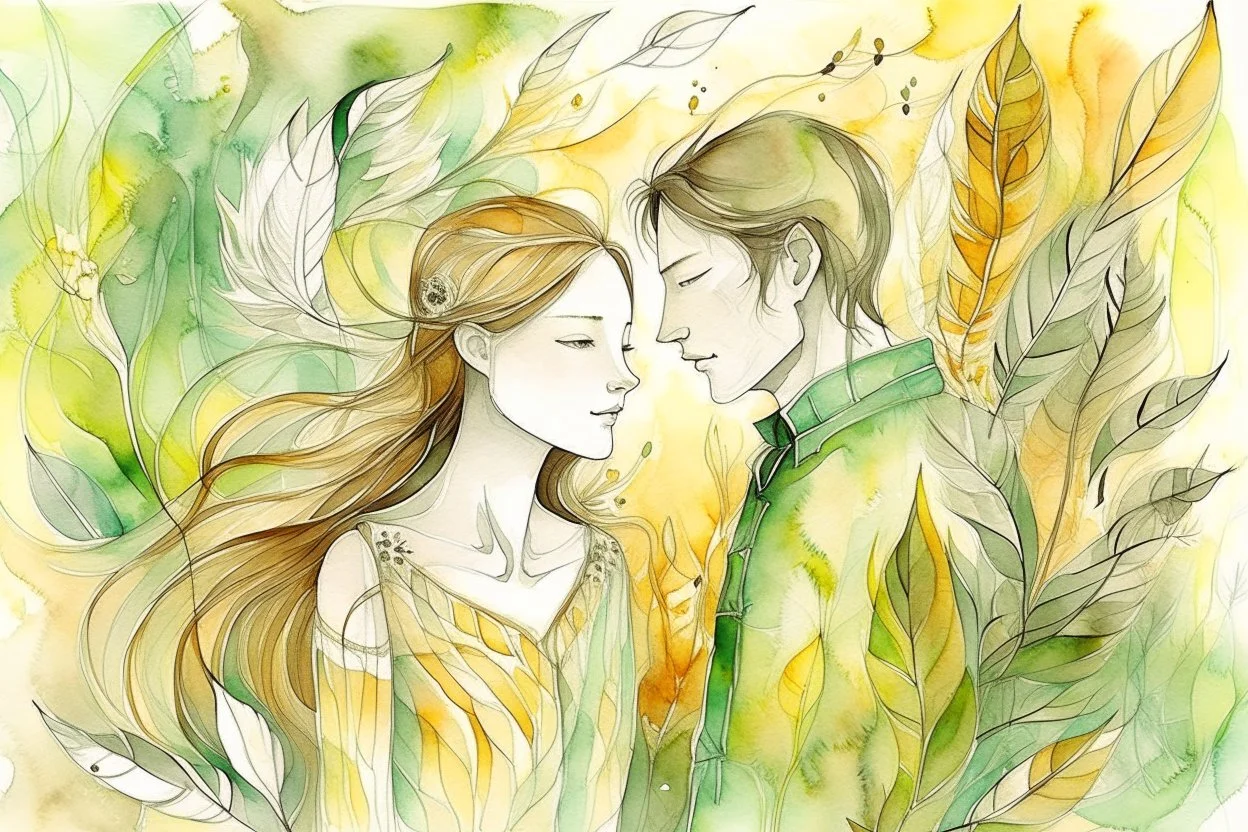 loving couple, A delicate, dreamy watercolour depiction of rusting patina with soft, whispery brush strokes evoking the gentle touch of a feather, blended with pastel hues and textured eggshell impasto, as if the colour has been lifted off the paper, amidst a scattered arrangement of leaves in muted greens and yellows, accented with two bold black lines and two shimmering gold lines, all rendered in the loose expressive, ethereal