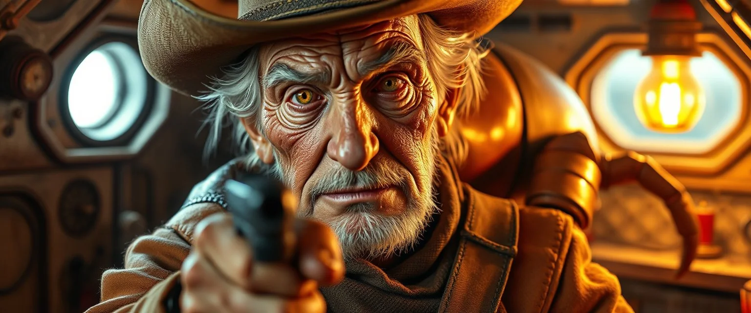 gritty air brush 3d with pen outline,seasoned handsome gunslinger western fluffy elder woman edgy hero with slightly glowing eyes and nudged dented skin in front of glistening space lobster dog, shallow depth of field, warm lantern, pin hole cam in doll house space ship, bottom floor board edge border
