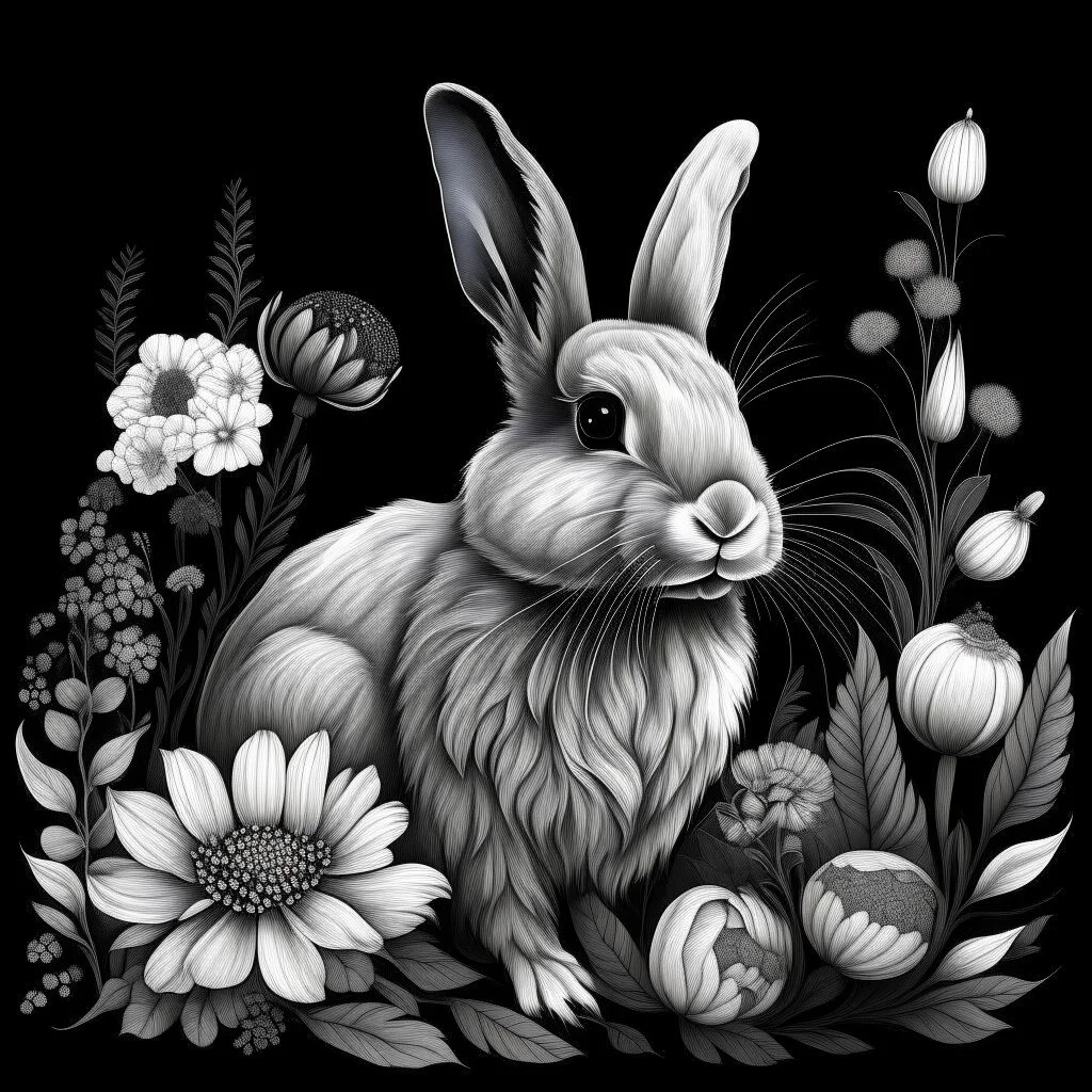 colorless a beautiful rabbit between seeds and big flowers black background .black and white colors. for a coloring. with grayscale