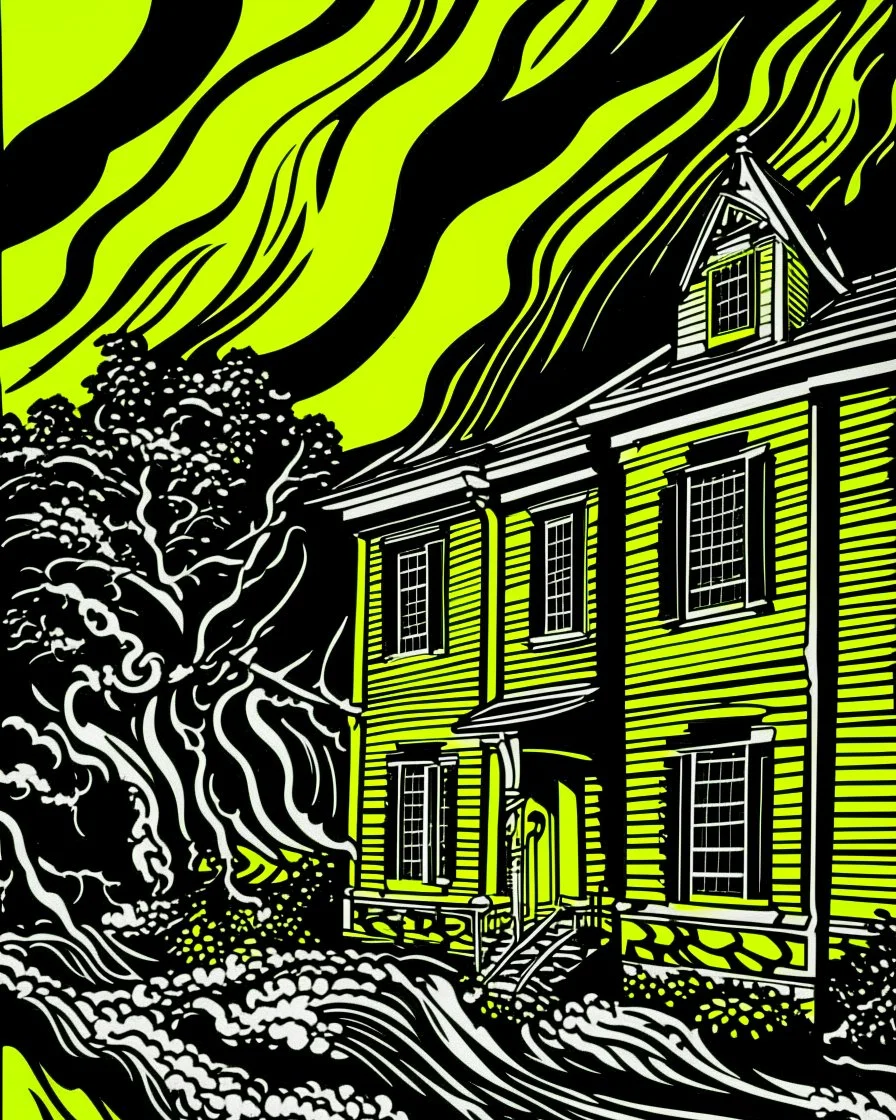 A yellow haunted mansion in a thunderstorm painted by Roy Lichtenstein