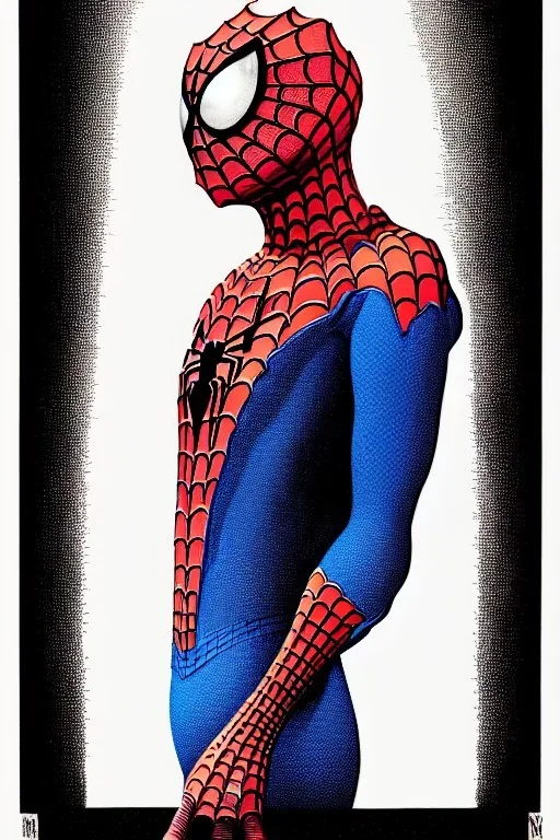 a vibrant ultraclear sideview waist up portrait of the spiderman robot by rene magritte and laurie greasley, etching by gustave dore, colorful flat surreal, ethereal, intricate, sharp focus, illustration, highly detailed, digital painting, concept art, masterpiece