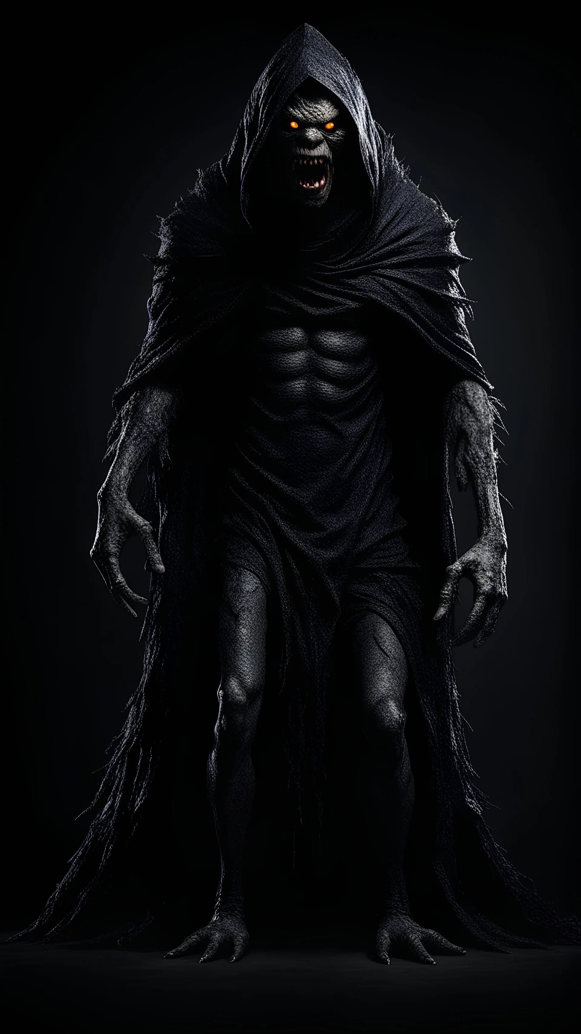 The scary monster in black mantle stands on black background