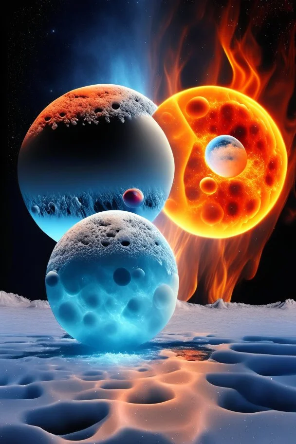 subatomic particles interacting with fire and ice on the surface of Pluto with distant moons in the background