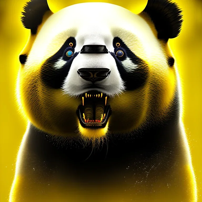 A beautiful portrait of a cyborg panda yellow color scheme, high key lighting, volumetric light high details psychedelic background