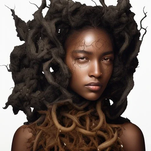 photo. Brown skin women. dark skin women. Three black women. .three women. A mother. Two daughter. Twins. A mother with her children. three young black women. wood nymphs emerging from the forest. Her hair looks like vines. Dreadlocs. Her skin is the colour of dark soil. Her skin looks like tree bark. Her clothing is made of vines, grass and leaves.