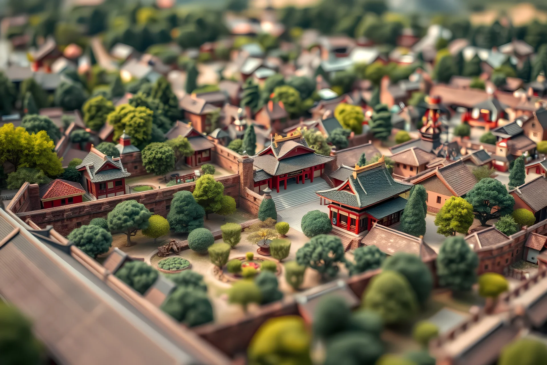 Diorama style birds-eye toy-like tilt shift image of 1700s Japanese city within walls with temple, garden and lots of trees