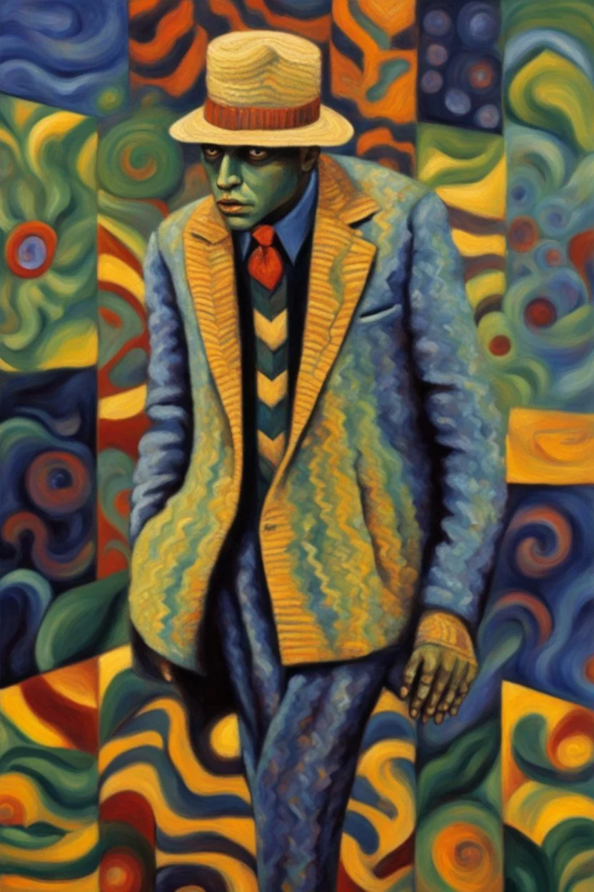 Man in knitted chevron-patterned Zoot Suit with a passionflower head; Acrylic Paint; Neo-Impressionism; symbolism; Contemporary; Van Gogh; Hundertwasser; Giger.