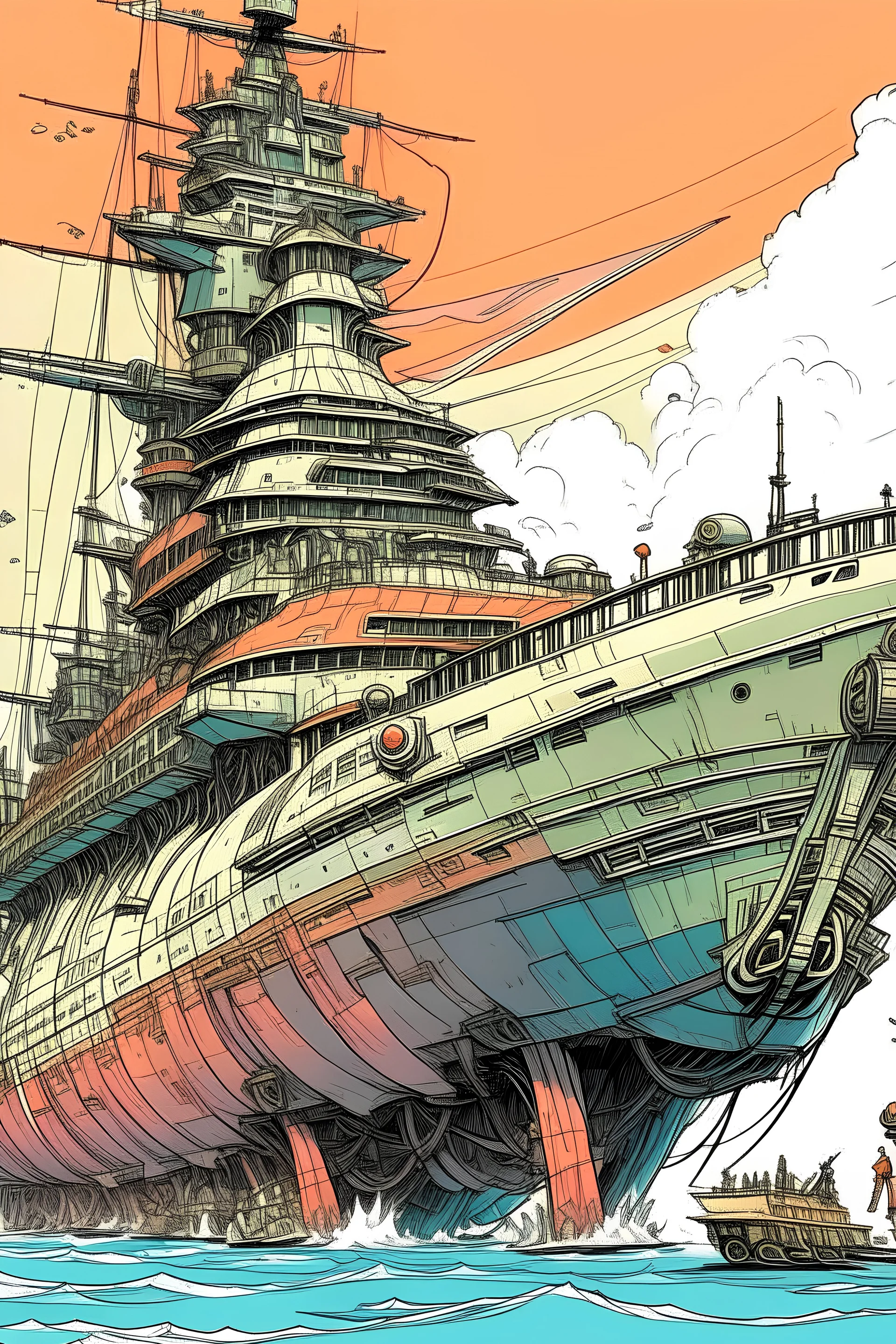 Draw a giant war ship with coloured make it new make it way bigger