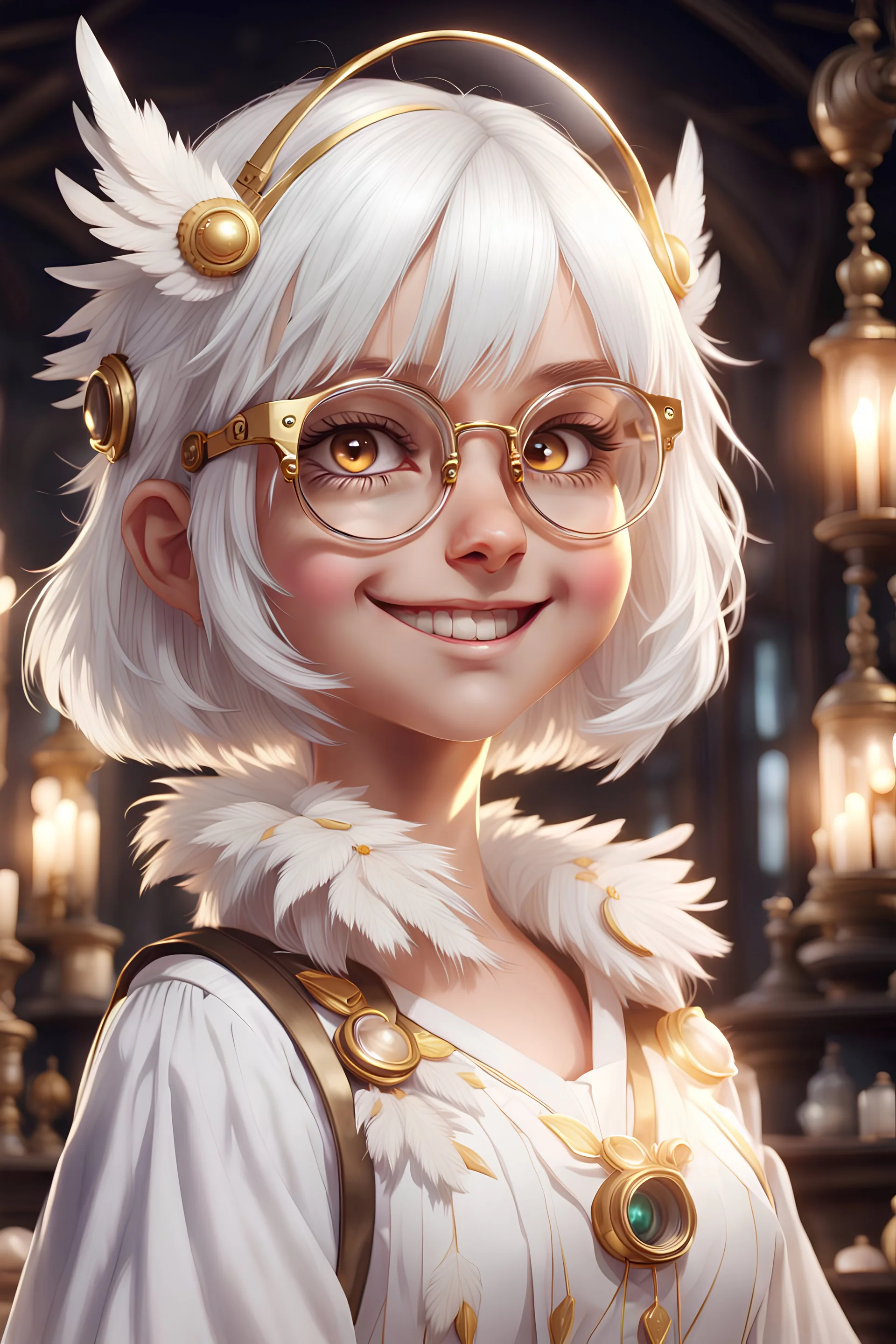 Cute Girl with White hair and owl feathers, Big Round Glasses, White dress, gold eyes, cute smile, alchemist, high detail, 4k, realistic