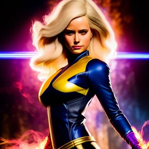 Ultra detailed fullbody Portrait in oil on canvas of X-men -beautiful busty blonde miss Marvel on fire,extremely detailed digital painting,ultrarealistic skin,intense stare, extremely detailed face, crystal clear eyes, mystical colors ,perfectly centered image, perfect composition, rim light, beautiful lighting,masterpiece ,8k, stunning scene, raytracing, anatomically correct, in the style of uncannyknack and Ohrai Noriyoshi and robert e howard and Steve Jung and Wizyakuza.