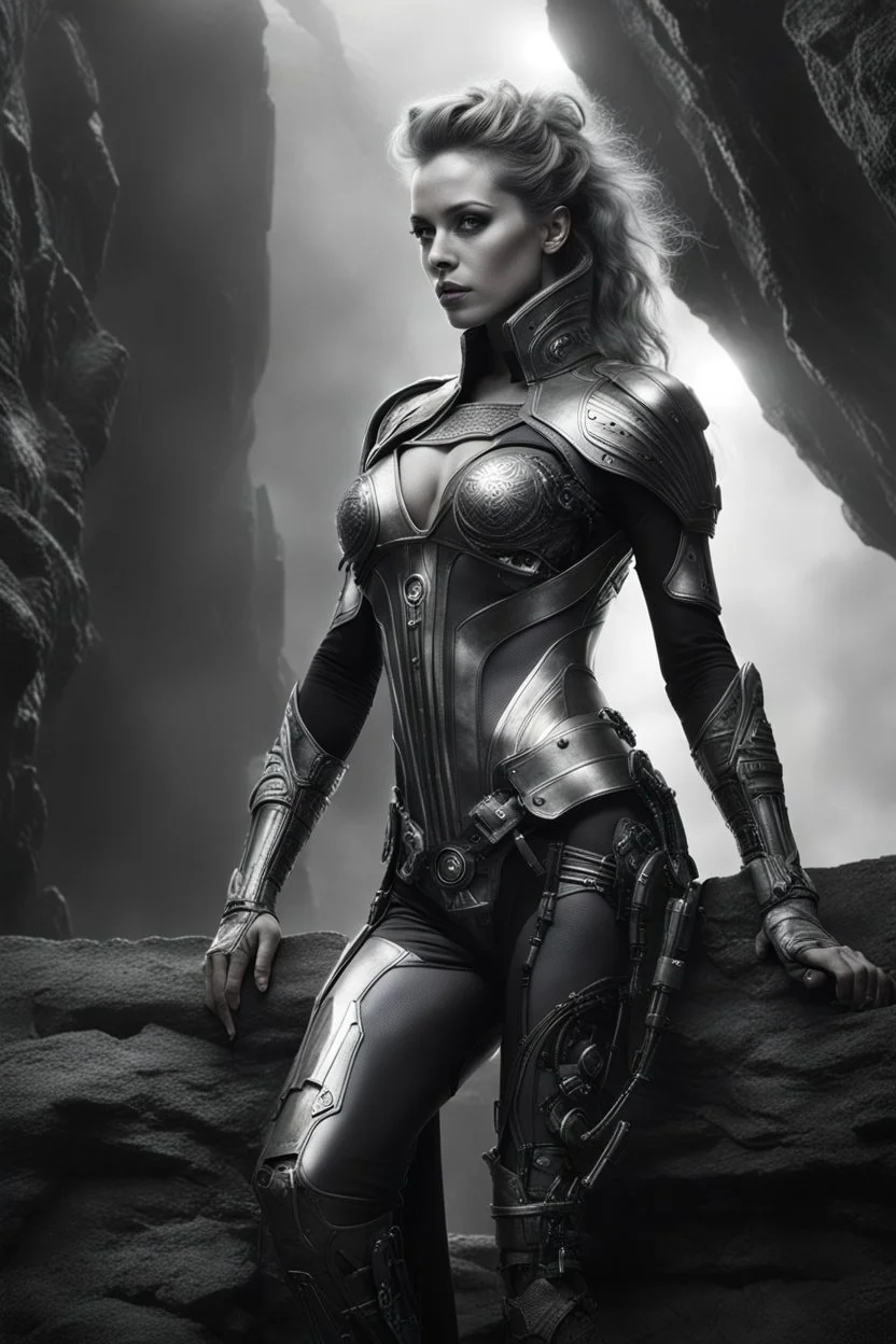 Generate an 8k image of a futuristic Hollywood superstar with android features, inspired by Luis Royo's art, wearing a metallic exosuit.In black and white, he draws the stages of human development from fetus to old age In a long room and a graveyard, and there is only one lighting source