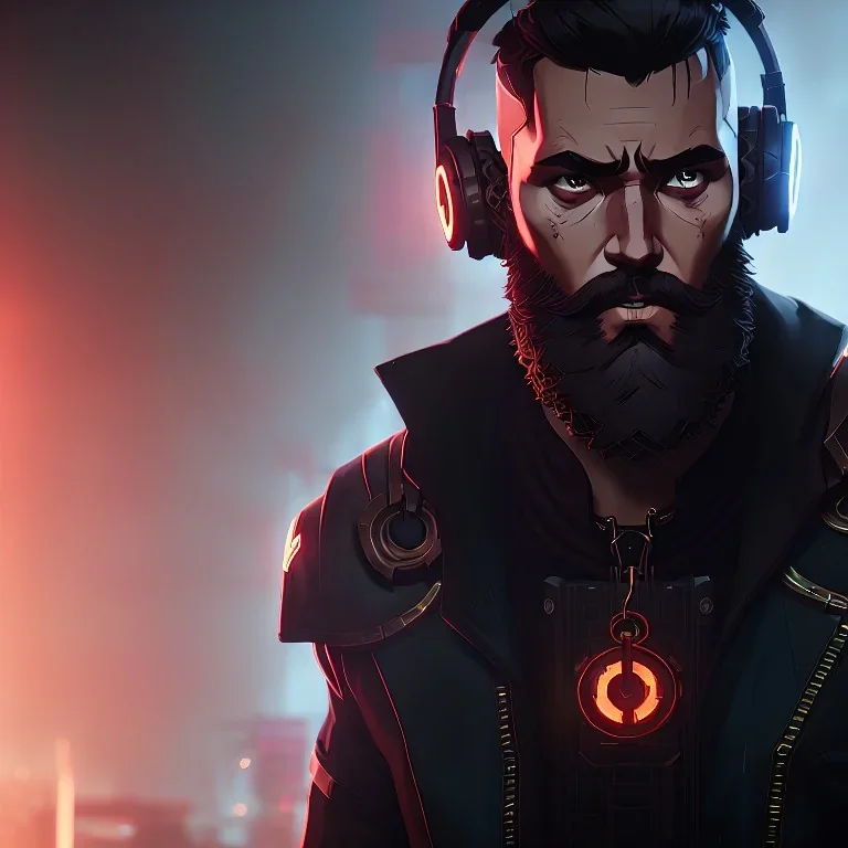 DJ cyborg bearded Christian Boshell with headphones. dystopian cyberpunk style similar to sin city, cinematic Fire theme art, Dark moody atmosphere, similar to a Michelangelo art direction, close-up face