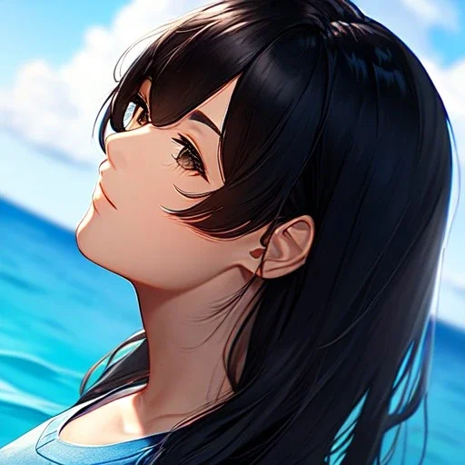 black haired woman, casual clotting, realistic, HD4k, watery cloud background, close up shot,