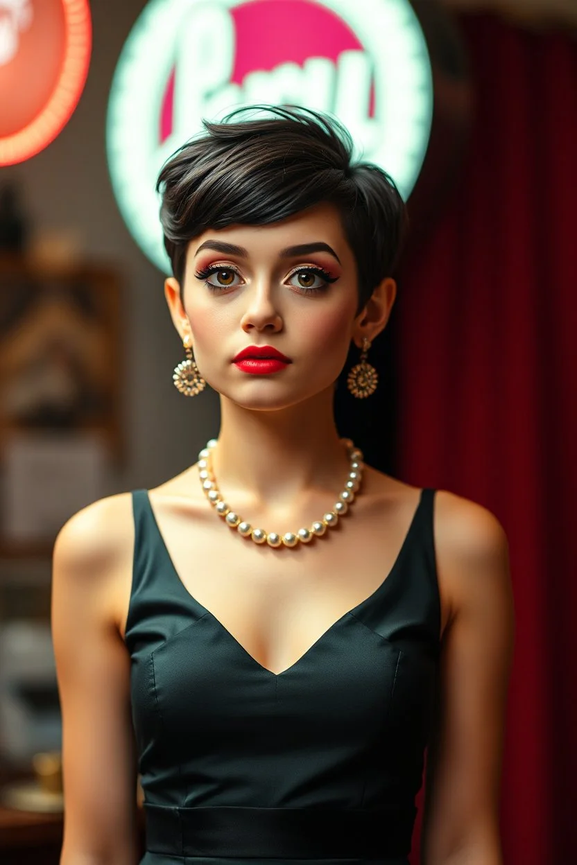 thin cute girl with pixie cut hair, in a flapper dress, makeup like betty-boop