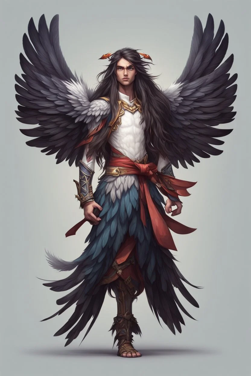 half human half bird character with long hair, strong wings and bow