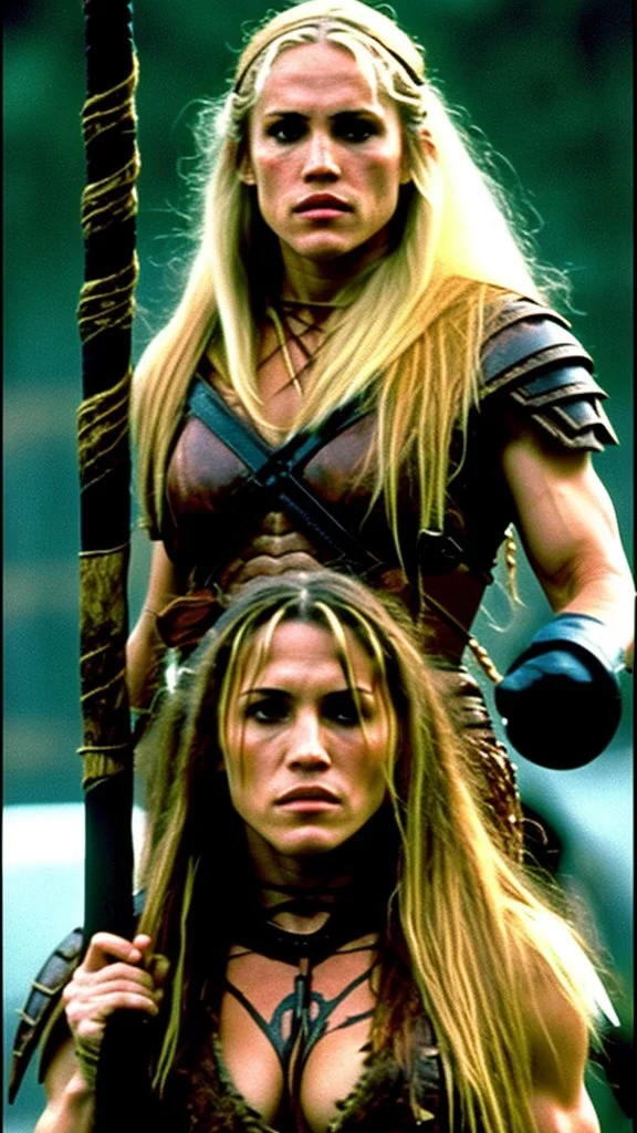 Amy Jo Johnson as hunter , Very muscular woman with long blonde hair in barbarian clothes with a bow