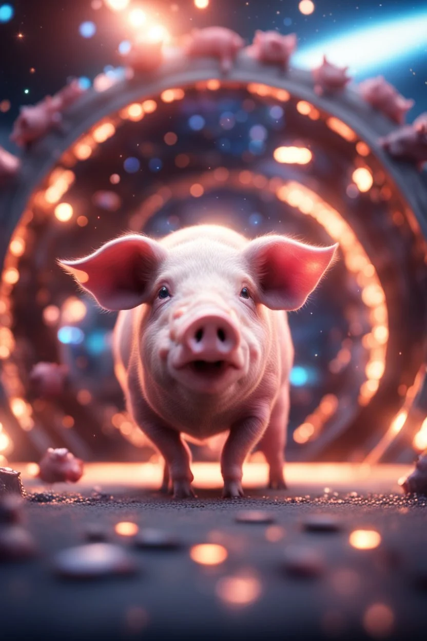 pigs that go hard , in front of space portal dimensional glittering device, bokeh like f/0.8, tilt-shift lens 8k, high detail, smooth render, down-light, unreal engine, prize winning