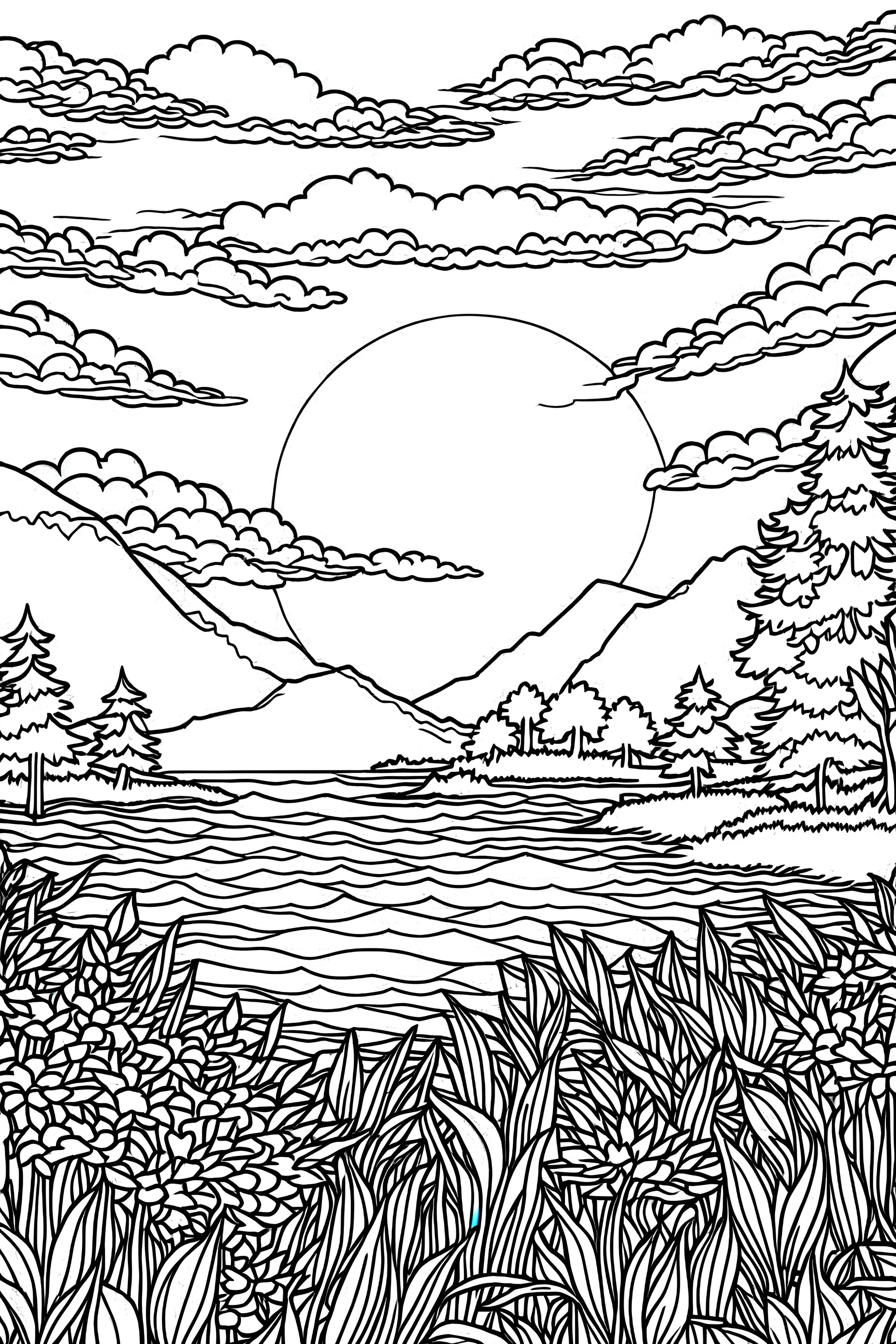 coloring book image of sunset