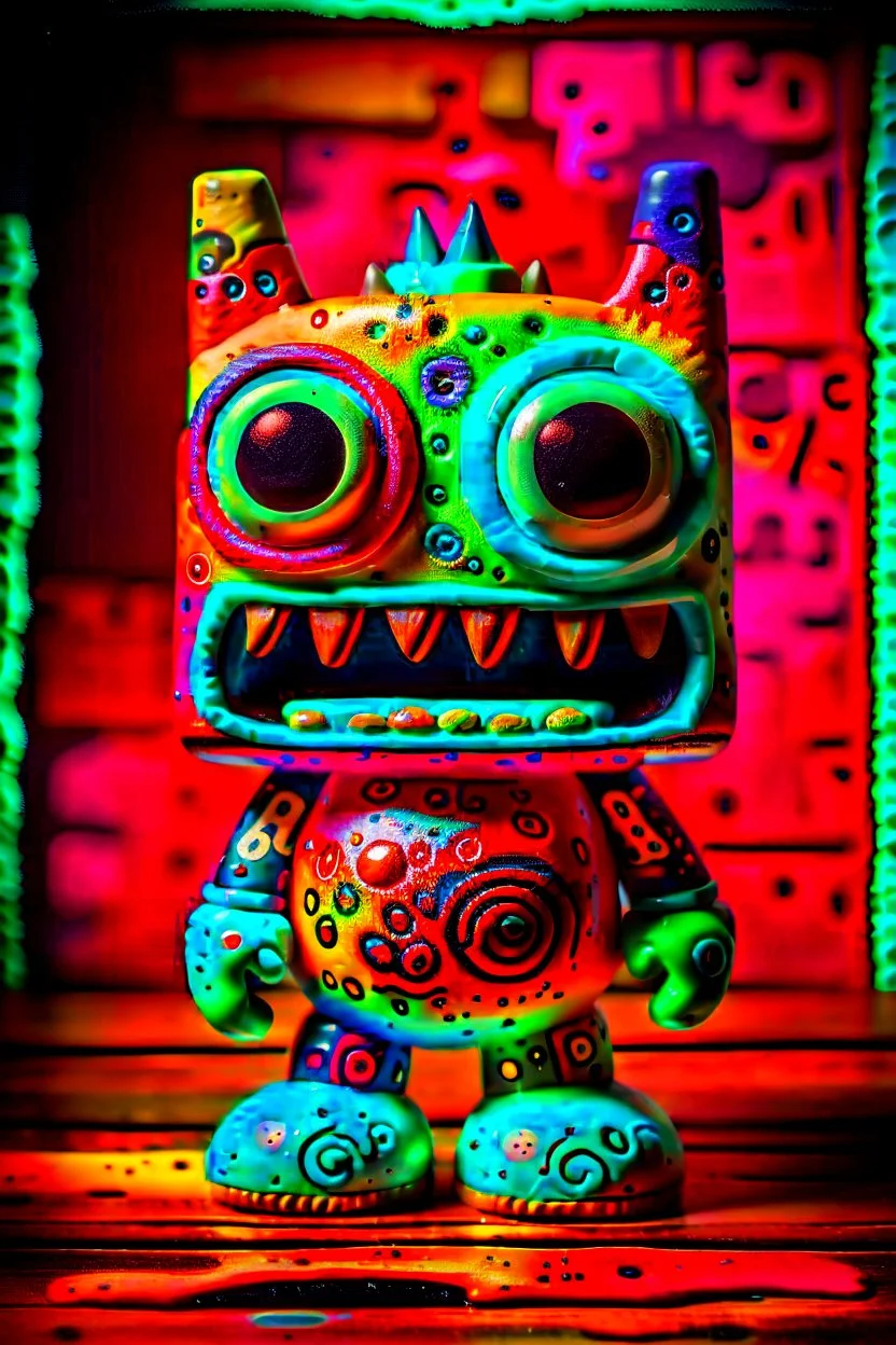 photo of art toy peculiar monster made of painted vinyl and wood