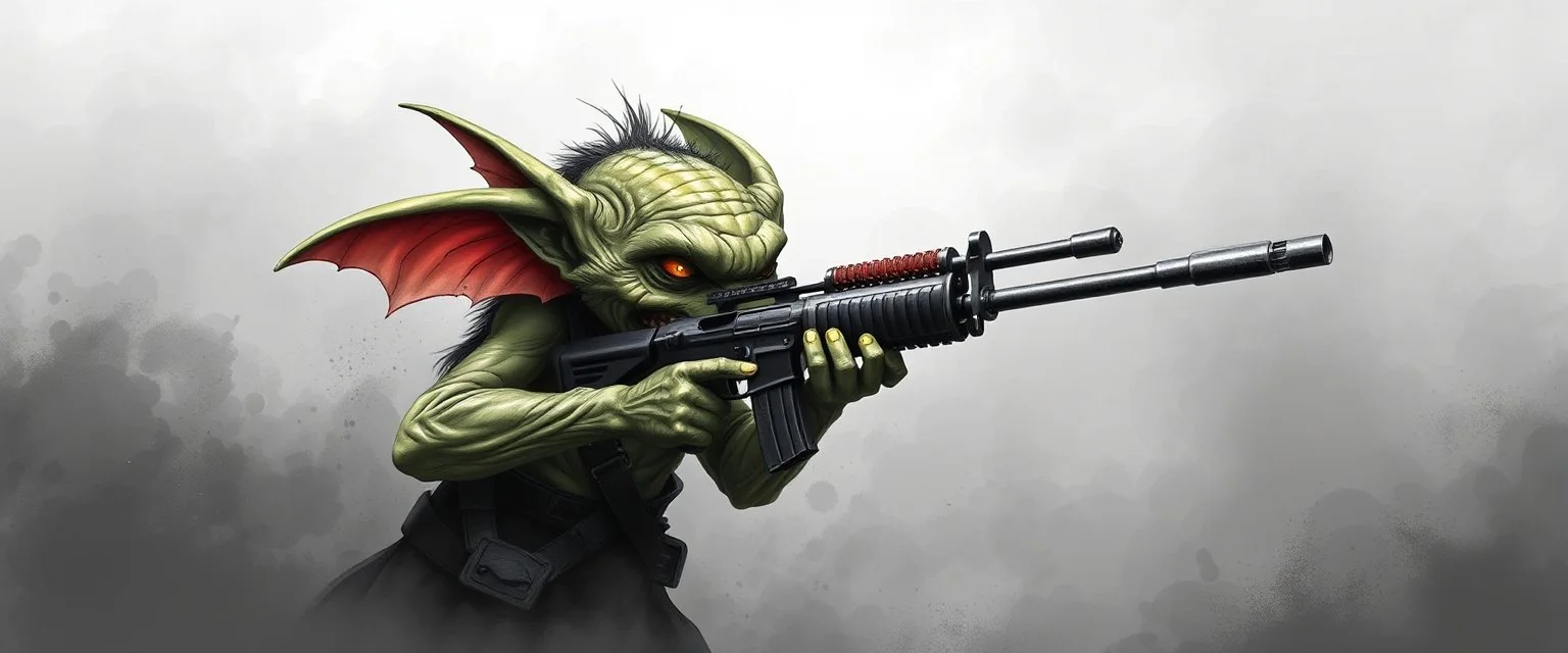 air brush 3d with pen outline, mongrel goblin gremlin holding uzi, charcoal fog border