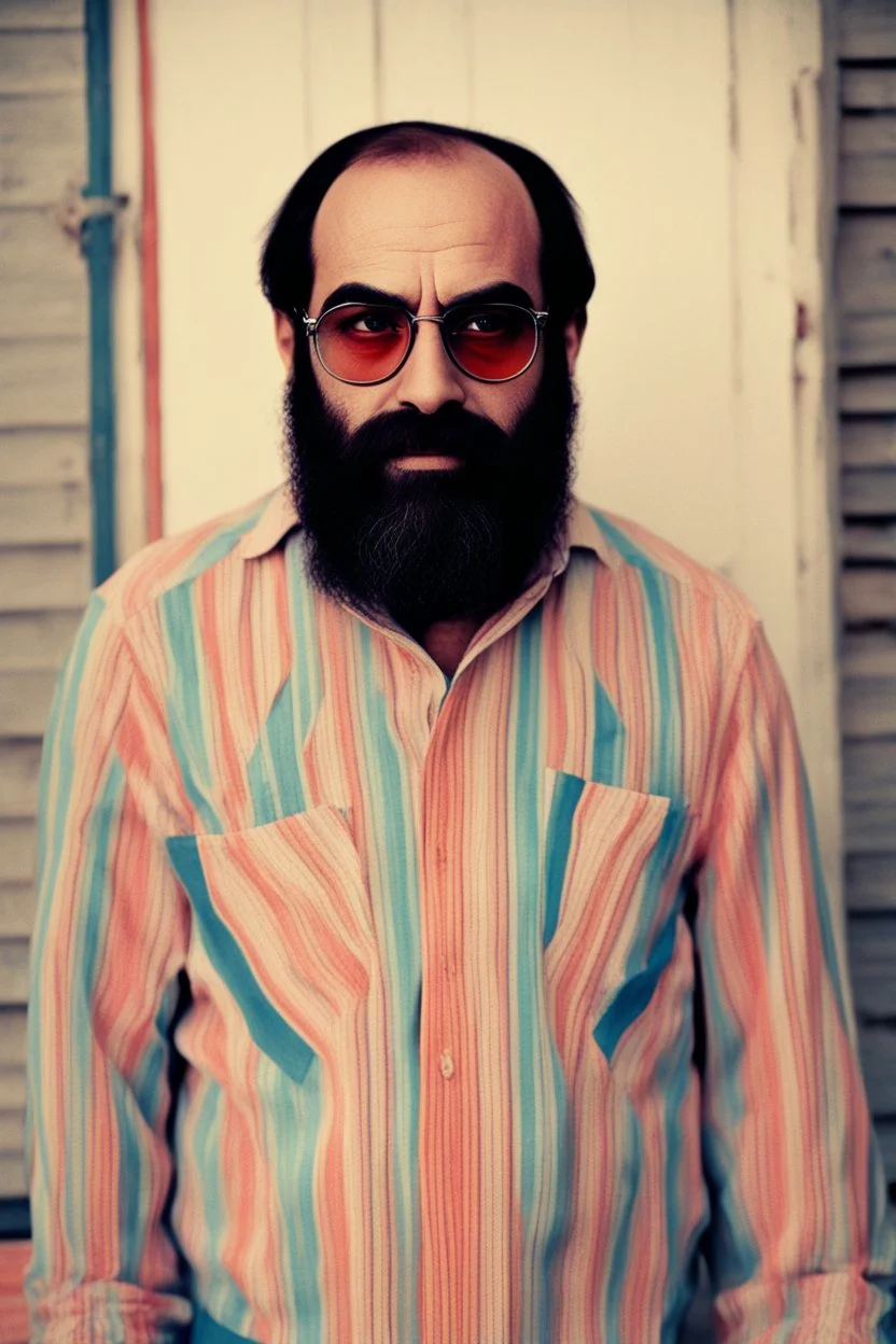 Man similar to demis roussos with glasses of colours and poor and short short short and poor hair on the head with receding hairline. Farsightedness glasses with big eyes. Shirt beard in the head. Vintage look and feel like photo style-of the 70s