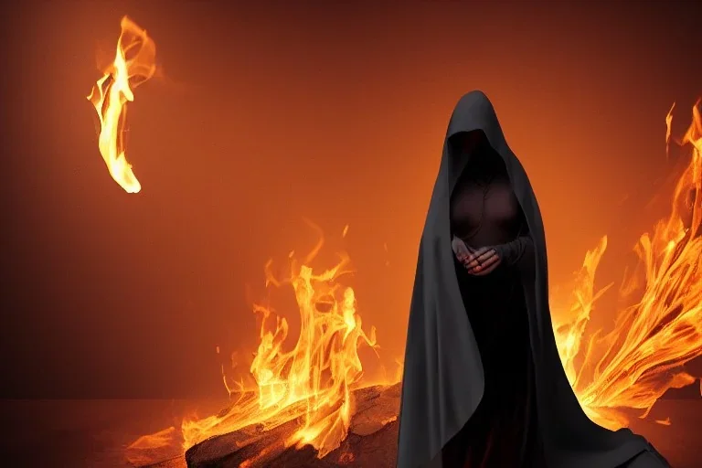 Cloaked woman holding fire, Dark moody night atmosphere, 8K, high body details, anatomically perfect bod