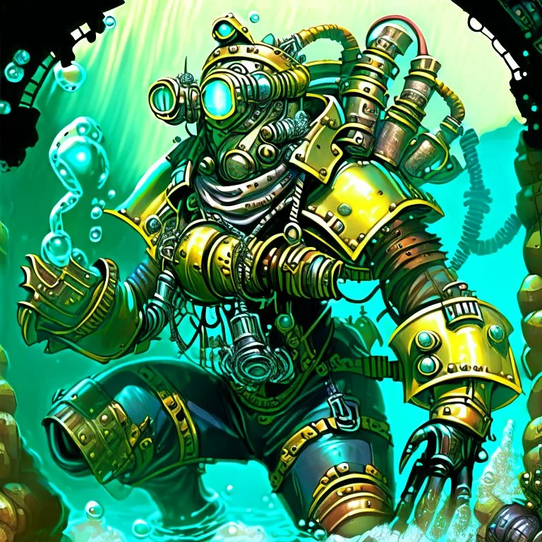 90's TCG retro scifi art of a steampunk diver with big armor