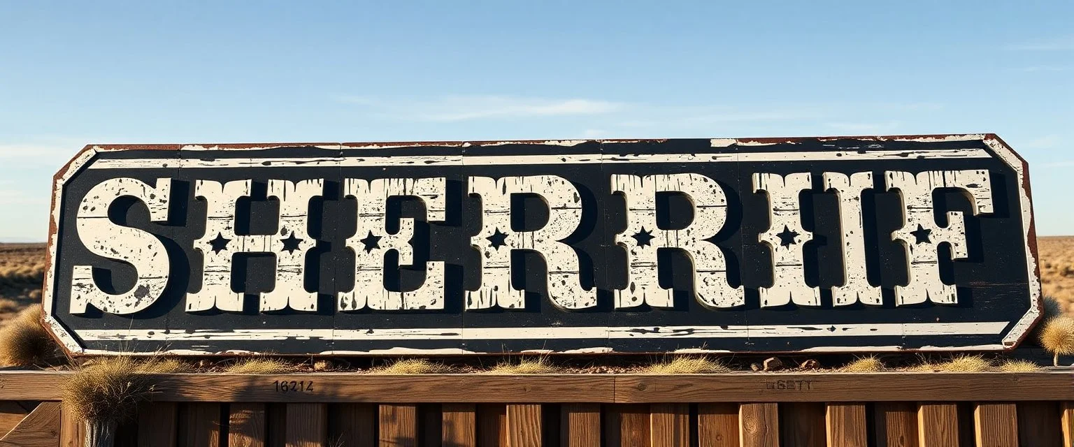 fill composition with large and wide hand painted old western sign that reads: "SHERRIF" white on black with inset white stripe aged paint sanserif