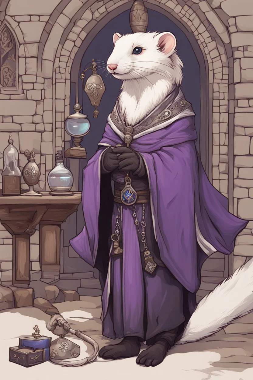 (anthropomorphic white ferret),dressed in ((cleric fantasy)) black and purple clothes with silver holy ornaments, realistic anatomy, fantasy tavern on background, mage and holy symbols around, serious face, hold holy symbol, tired face, in the style of LOISH, look at the vivewer, blue eyes, cute face, 2d, ink lines, fantasy inspire