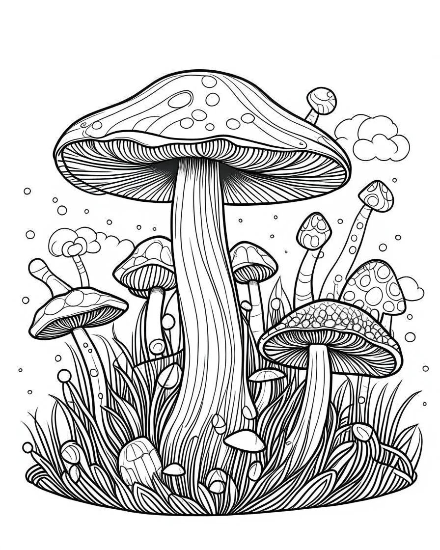 mushroom world minimalistic landscape. line art, background, vector, svg, coloring book page style, black outline on white background