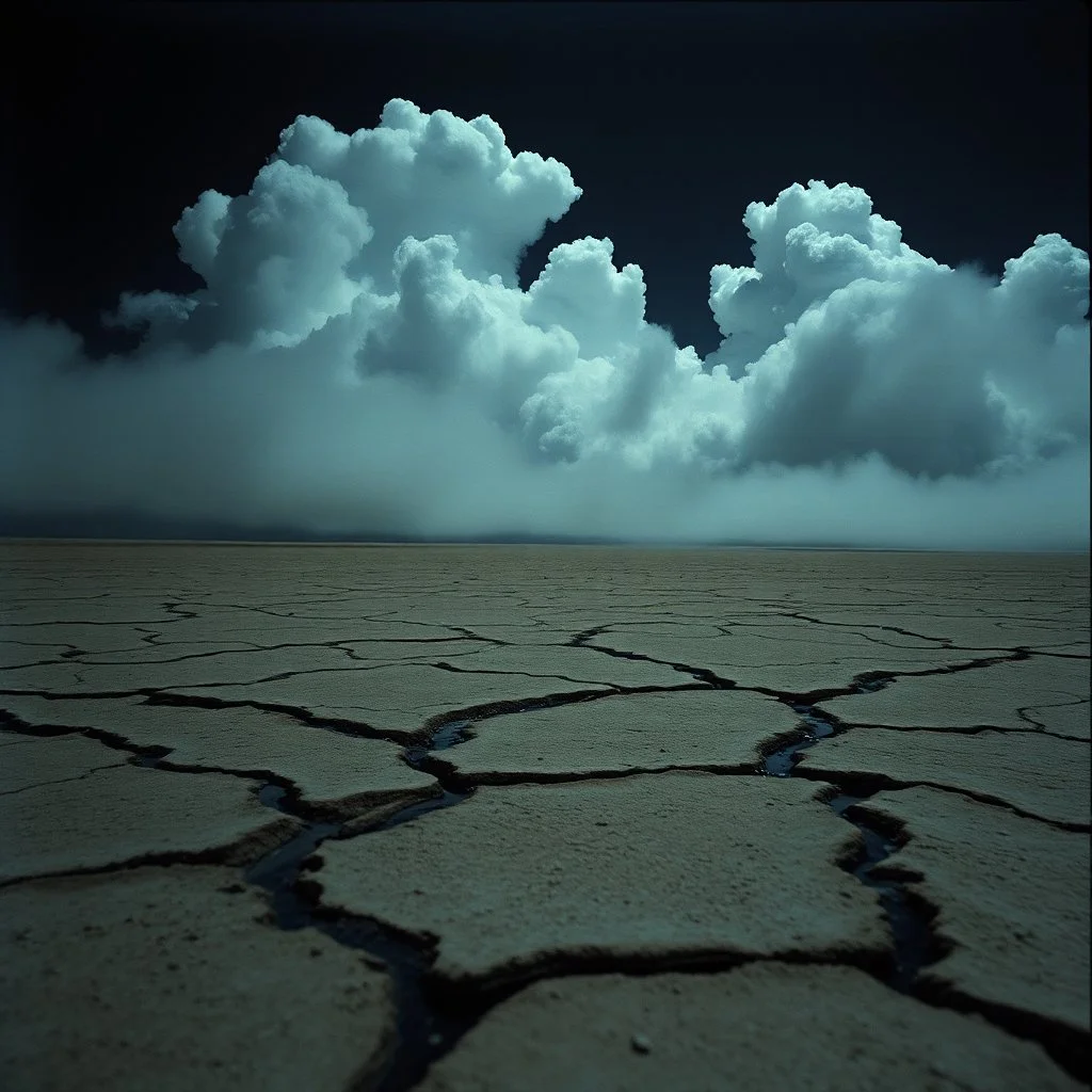 Photograph, an arid surface, night, nothingness, spooky, clouds, close-up, in Yves Tanguy style, nightmare, highly hypermaximalist, details of the terrain very accentuated, 8k, deep 3d field, sharp, eerily mysterious, artistic photo, large format film, shot on Hasselblad, 33mm photography, mysterious, dark, rotten, macabre, streams of black liquid